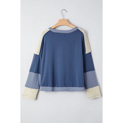 Dark Blue Contrast Knitted Colorblock Star Patchwork Oversize Long Sleeve Top