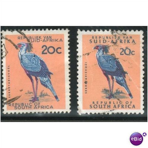 South Africa 1961 - SG 234 - 20c Secretary Bird x 2 (two forms same stamp) used