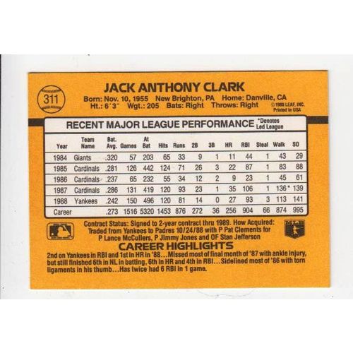1989 Donruss Jack Clark baseball card #311 – Yankees