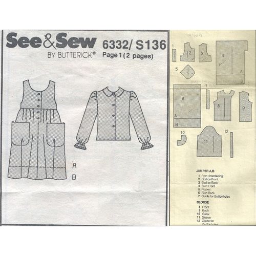 See & Sew 6332 S136 Sewing Pattern Girls Jumper & Top, Pullover Jumper Size 8 10