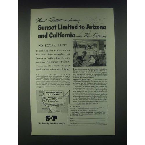 1946 Southern Pacific Railroad Ad - Sunset Limited to Arizona and California