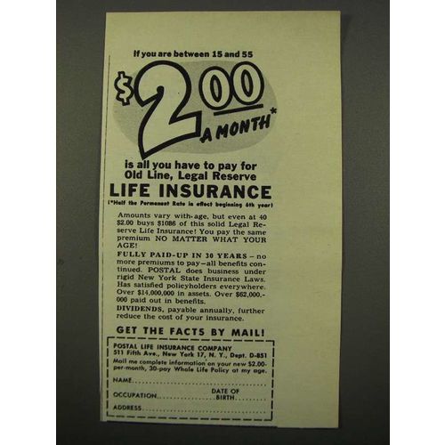 1949 Postal Life Insurance Copany Ad - $2.00 A Month