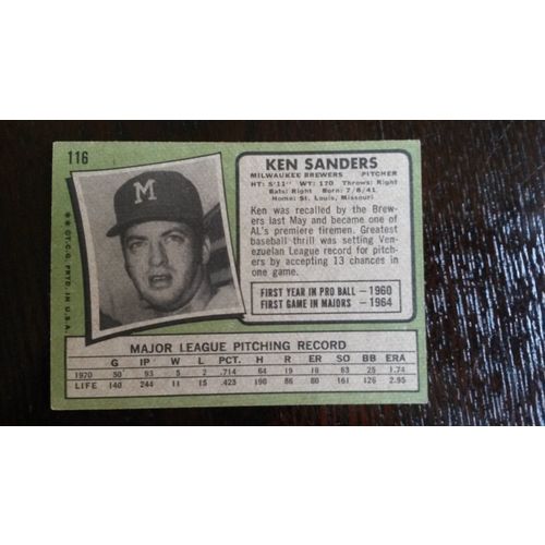 1971 Topps Card # 116 Ken Sanders Very Good (3) Milwaukee Brewers