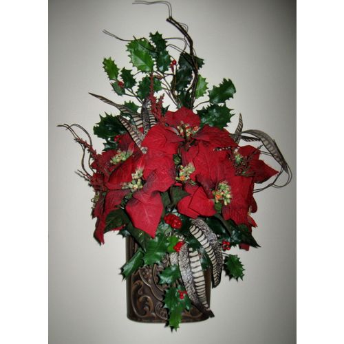 Handmade Winter Flower Arrangement-Hanging Vase of Poinsettia, Holly & Feathers