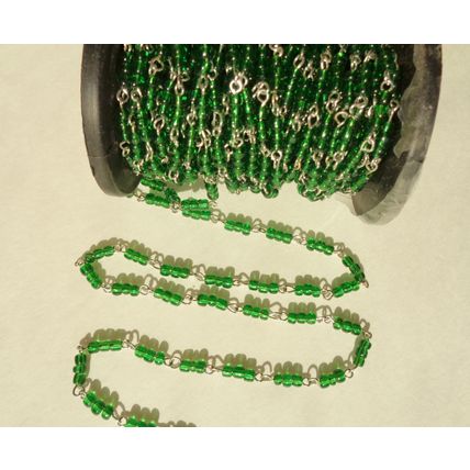 Green Seed Beaded Rosary Chain Silver Tone Chain 1 Yard Crafting bdc02