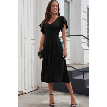 Black Ruffled Sleeve Wrap V Neck Midi Dress