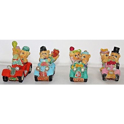 Vintage Set of 4 Hand Painted Polyresin Teddy Bear Couples in Cars Ornaments