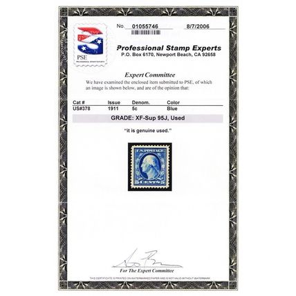 378, Used XF/SUPERB 5¢ With PSE Graded 95J JUMBO Certificate * Stuart Katz