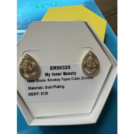 NIB Bomb Party Stud Earrings ER50325 Inner Beauty Smokey Topaz CZ Gold Plating