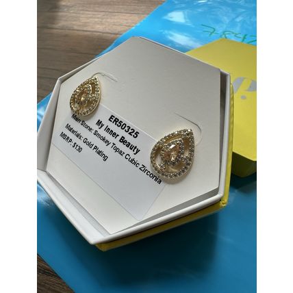 NIB Bomb Party Stud Earrings ER50325 Inner Beauty Smokey Topaz CZ Gold Plating