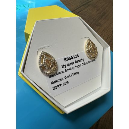 NIB Bomb Party Stud Earrings ER50325 Inner Beauty Smokey Topaz CZ Gold Plating