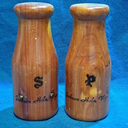 Vintage WOOD SALT & PEPPER SHAKERS Set Historic Jackson Hole Wyo Milk Jug Shape