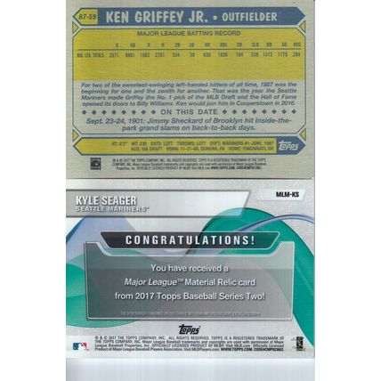 KEN GRIFFEY JR & KYLE SEAGER JERSEY AUTO 2017 SEATTLE MARINERS HOF WORLD CHAMPS