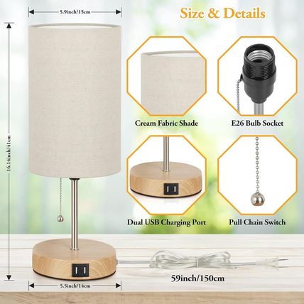 Set of 2 Table Lamps with 2 USB Ports, Modern Bedside, Desk Lamps with Pull Chai