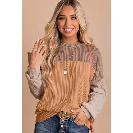 Khaki Color Block Long Sleeve Ribbed Loose Top