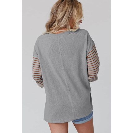 Gray Colorblock Striped Bishop Sleeve Top