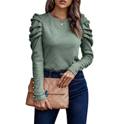 Green Buttoned Puff Long Sleeve Sheath Top