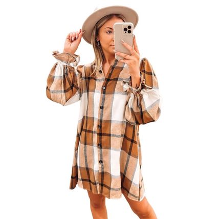 Khaki Plaid Pattern Collared Neck Ruffled Sleeve Shirt Dress