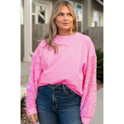 Pink Plus Size Sequin Sleeve Drop Shoulder Sweatshirt