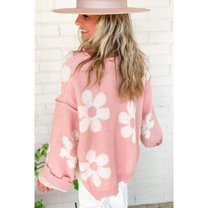 Multicolour Pearl Beaded Floral Drop Shoulder Sweater