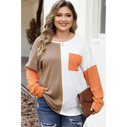 Chestnut Plus Size Color Block Textured Patchwork Top with Pocket