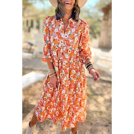 Multicolor Boho Floral Collared Long Sleeve Ruffled Dress