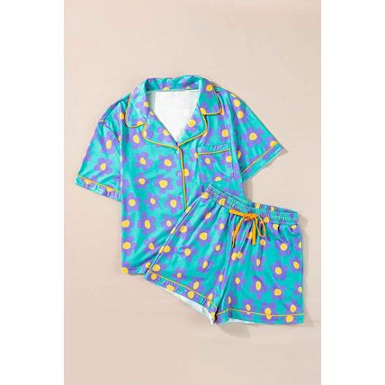 Green Flower Print Short Sleeve Shirt Pajamas Set
