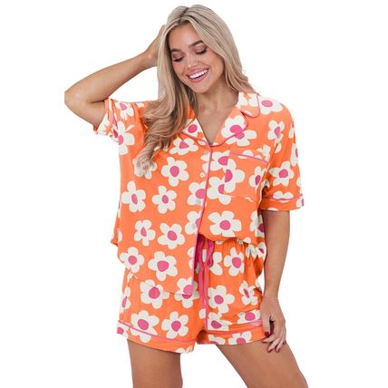 Orange Flower Print Short Sleeve Shirt Pajamas Set