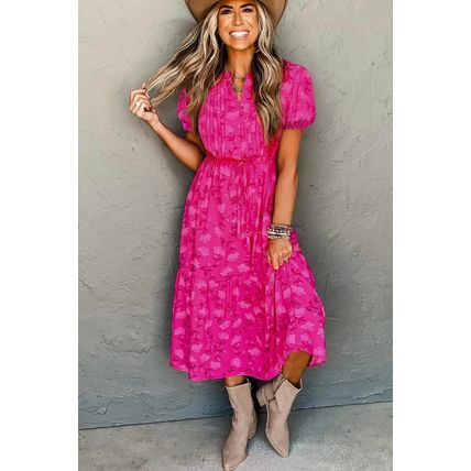 Rose Red Floral Print Pleated Drawstring Flowy Midi Dress