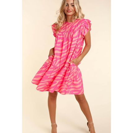 Pink Zebra Stripe Printed Ruffle Trim Pocketed Dress