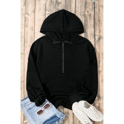 Black Solid Kangaroo Pocket Half Zipper Oversized Hoodie