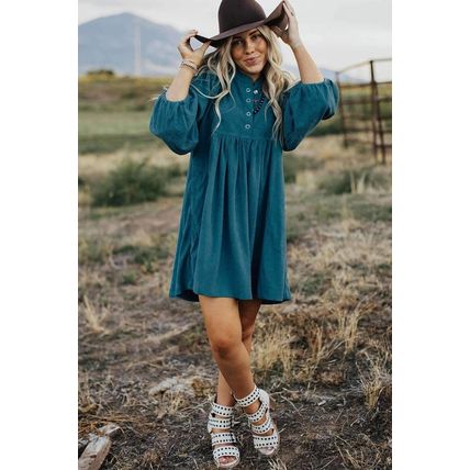 Blue Corduroy Snap Buttons Empire Waist Bracelet Sleeve Dress