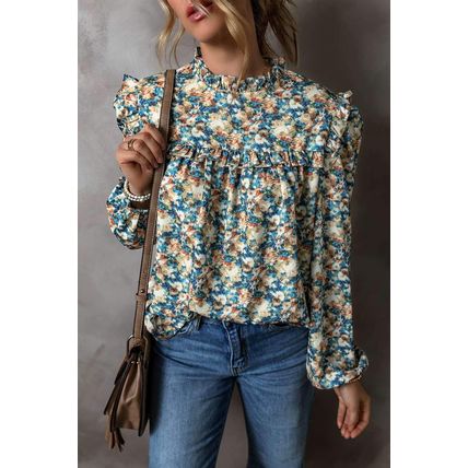 Sky Blue Floral Print Frilled Mock Neck Puff Sleeve Blouse