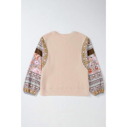 Parchment Contrast Floral Patchwork Puff Sleeve Waffle Knit Top