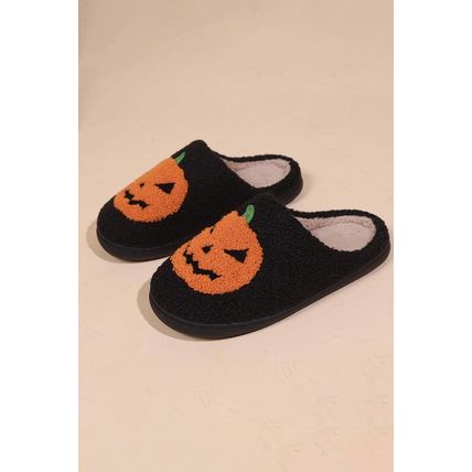 Black Halloween Pumpkin Print Plush Slippers