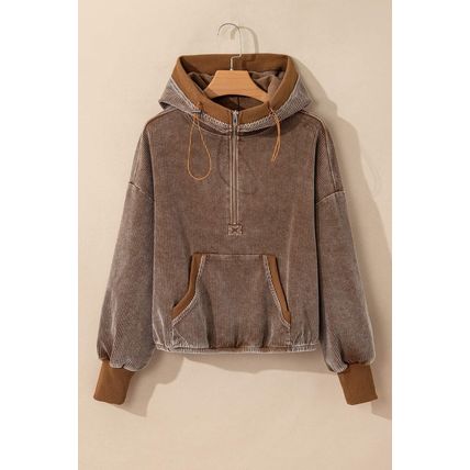 Chestnut Half Zipper Kangaroo Pocket Drawstring Corduroy Hoodie