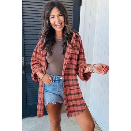 Red Plaid Long Sleeeve Side Split Distressed Hem Shirt