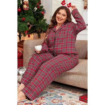 Red Plaid Printed Shirt and Pants Plus Size Lounge Set