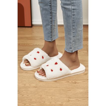 White Valentines Heart Embroidered Fuzzy Winter House Slippers