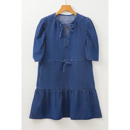 Blue Drawstring High Waist Puff Sleeve Denim Mini Dress