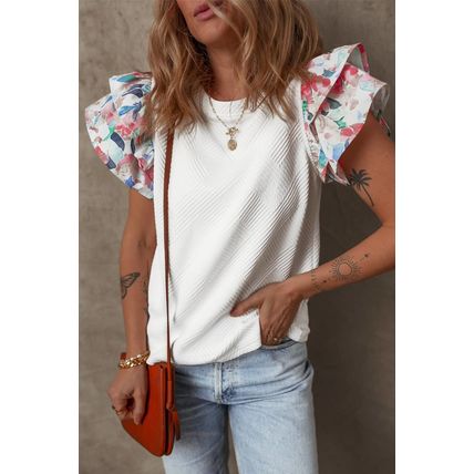 White Abstract Print Tiered Ruffled Sleeve Textured Knit Top