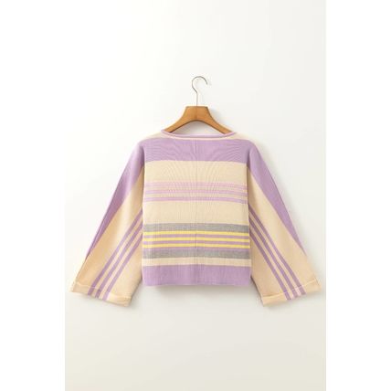 Purple Stripe Borderline Rib Knit Cuffed Dolman Sleeve Sweater