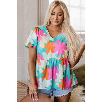 Pink Floral Print Bubble Sleeve V Neck Peplum Blouse