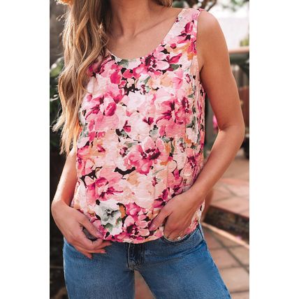 Pink Floral Round Neck Twisted Cut Out Back Tank Top