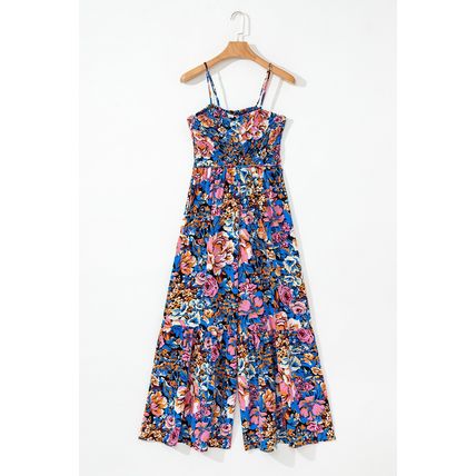 Pink Floral Smocked Bust Spaghetti Straps Wide Leg Jumpsuit