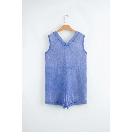 Sky Blue Mineral Wash Pocketed Sleeveless V Neck Loose Romper