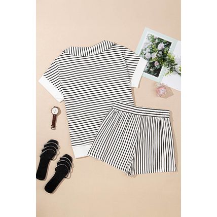 Black Stripe V Neck Tee and Casual Short Set
