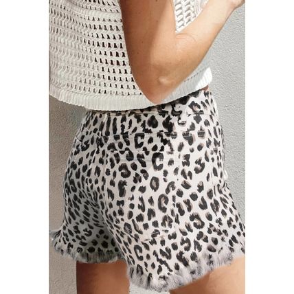 White Leopard Frayed Hem Denim Shorts