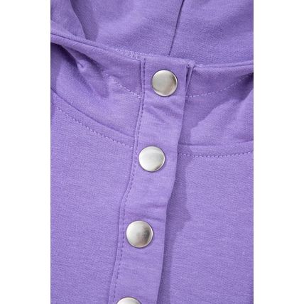 Purple Short Sleeve Buttoned Neck Kangaroo Pocket Hoodie