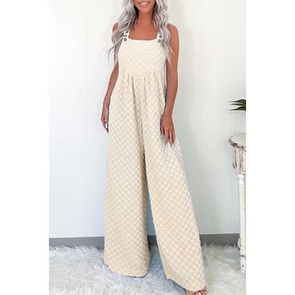 Beige Checkered Pocketed High Waist Wide Leg Overall